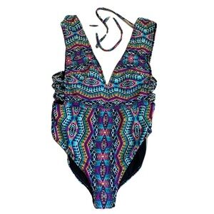 💛 No Boundaries XL/XG (15-17) Aztec Print Deep V Lattice Side One-Piece Swimsuit